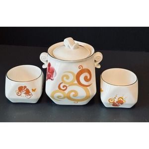 Unusual Oriental Style Tea Set-1 Pot 2 cups, Whimsical Swirls Pattern.